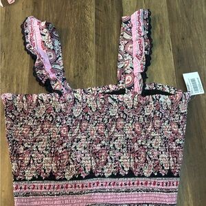 Unk Pink Paisley Smocked Tank Top with Ruffled Straps